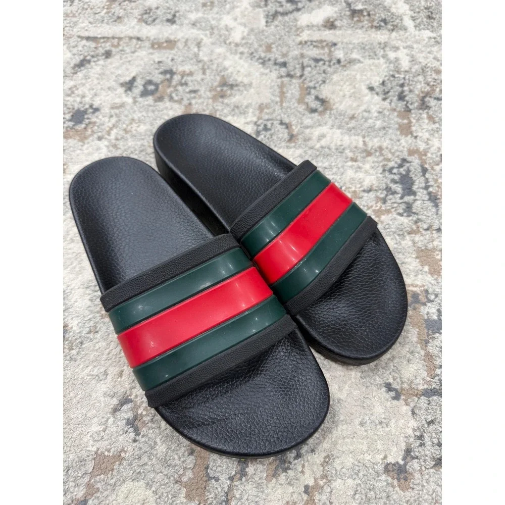 Gucci Web Slide Sandals Black Green Red Stripe Rubber Mens Size 42 Italy